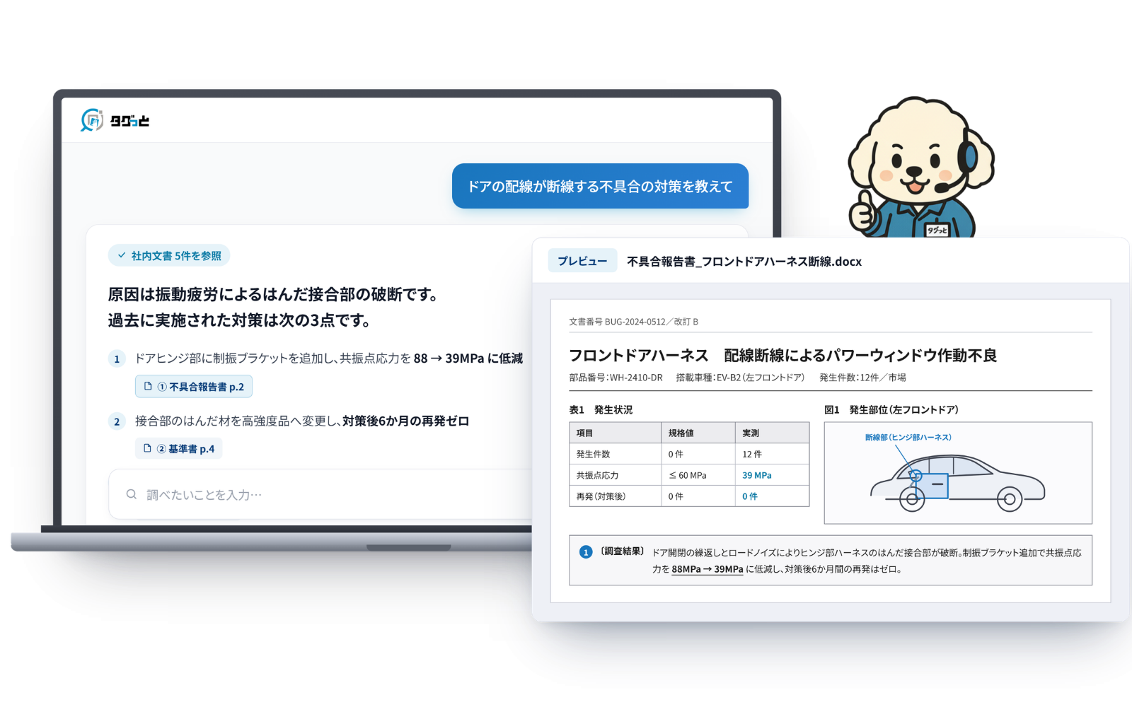 タグっとの画面イメージ。不具合対策の質問に対し、社内文書を根拠として提示しながら回答している様子