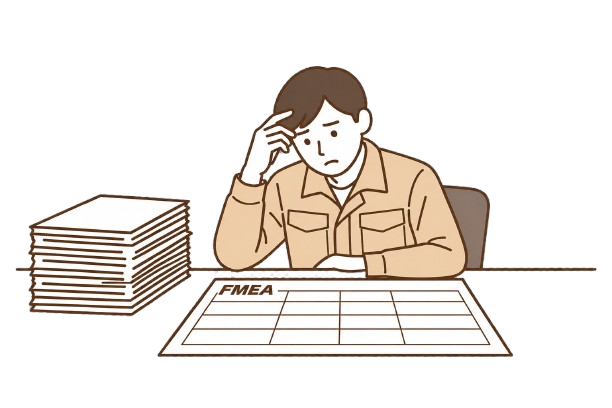 積み上がった資料を前に、FMEAの表を一から埋めようとしているイメージ